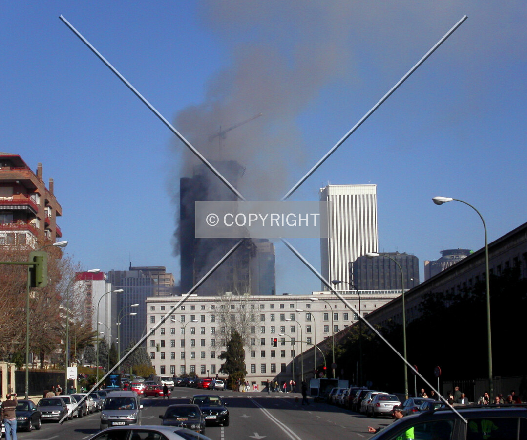 The building on fire as seen from the south