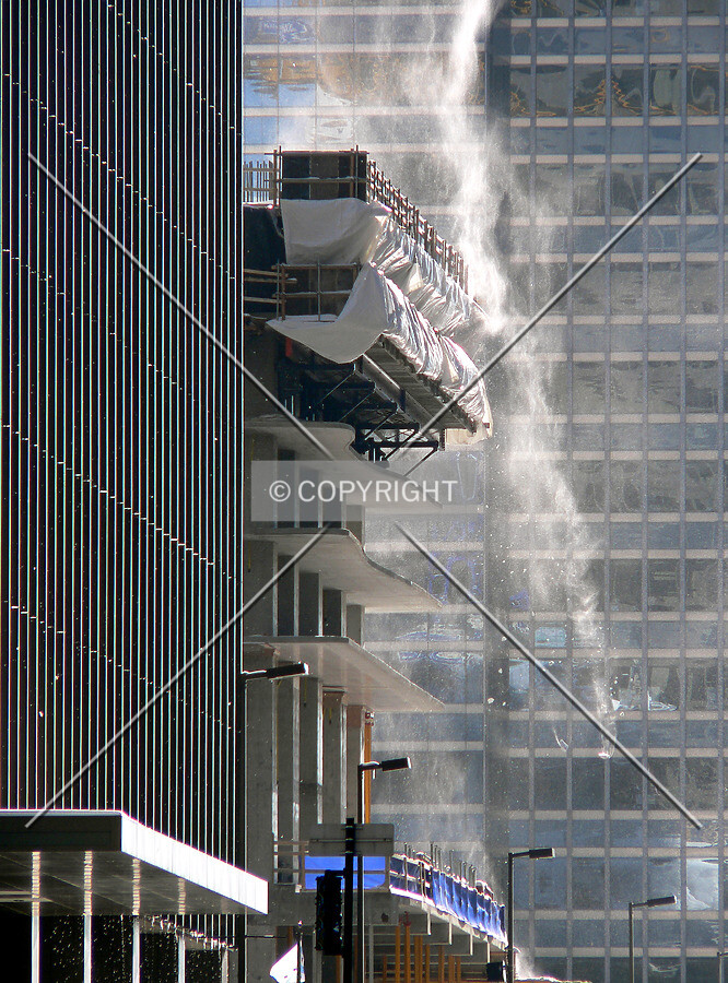 View from the north as snow blows off the structure