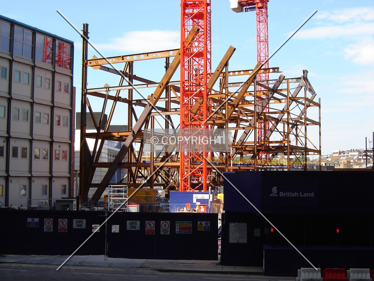 View north from Primrose Street at the steelwork as it approaches six floors