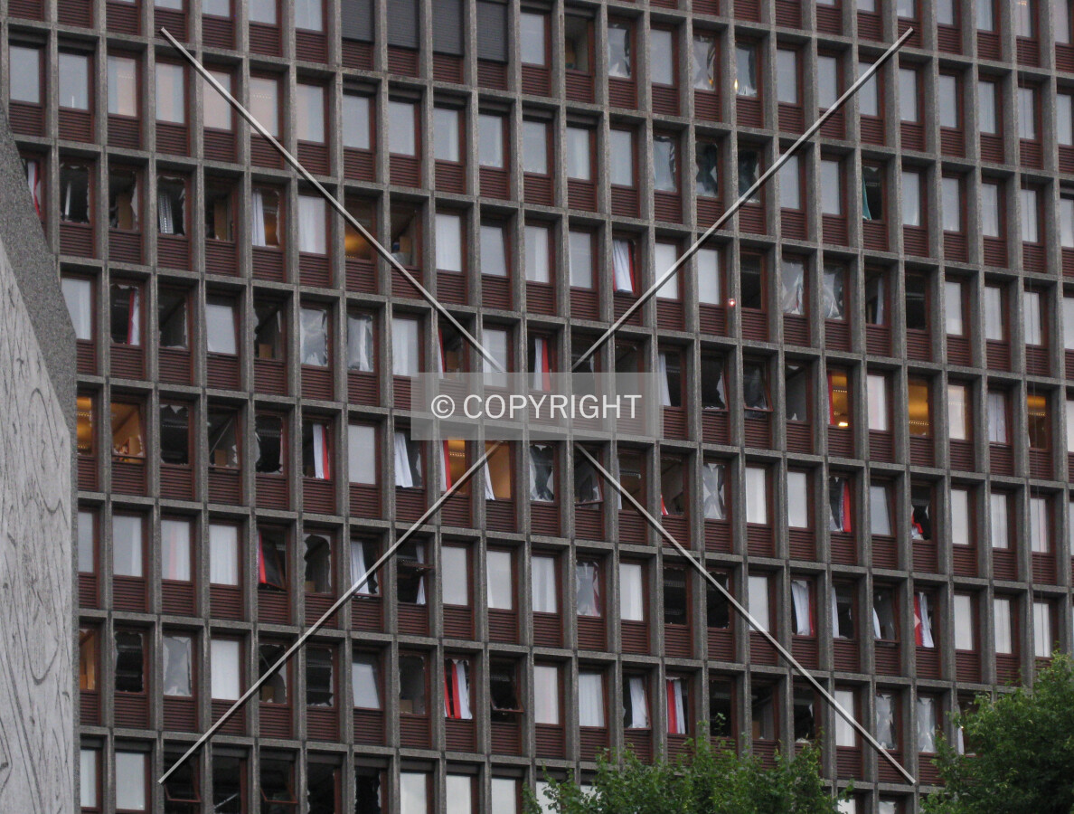 View of the damaged facade on the west side of the building days after the terrorist attack.