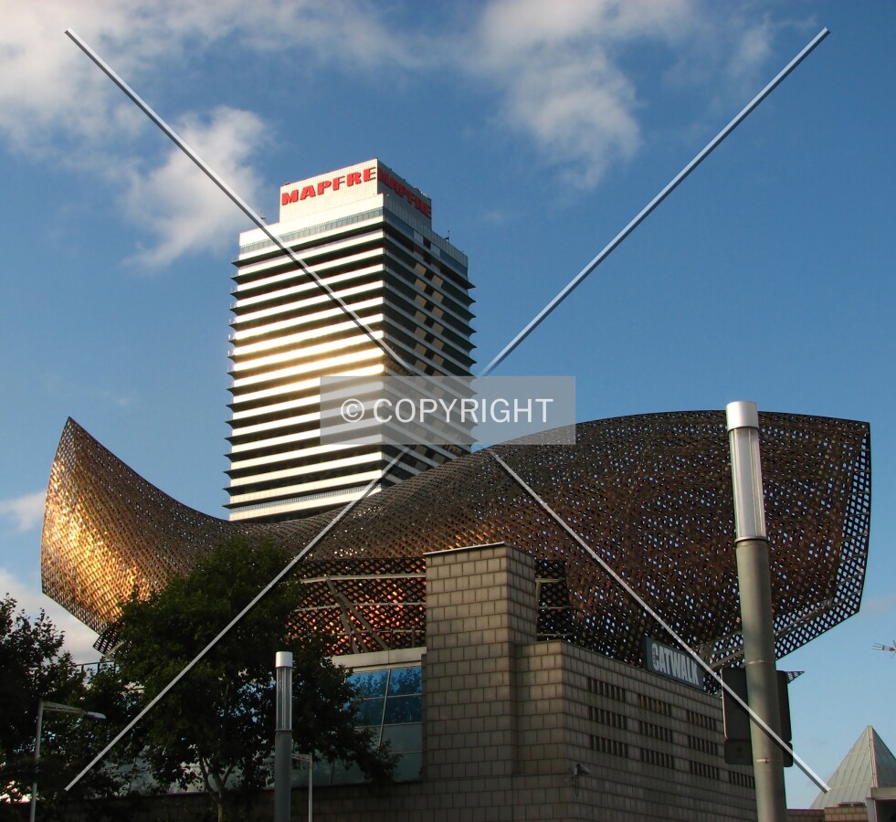 Tower and sculpture from Passeig Marittim de la Barceloneta