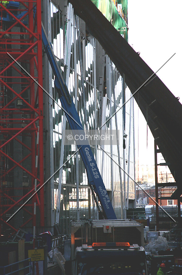 View north across Primrose Street over Gate One towards the A-frame and façade progress on the lower east side