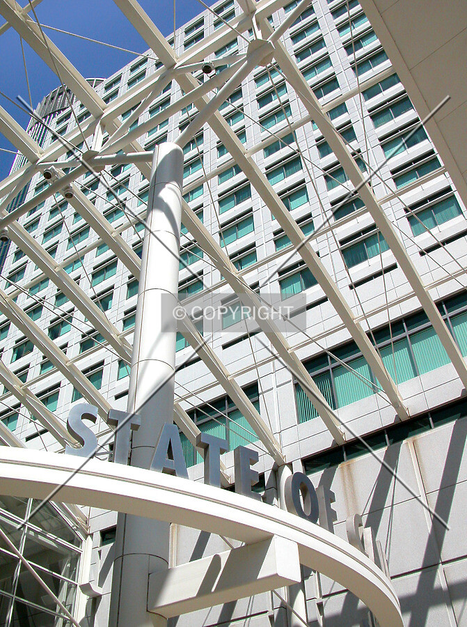 Looking up the south side through decorative awning at the east entrance