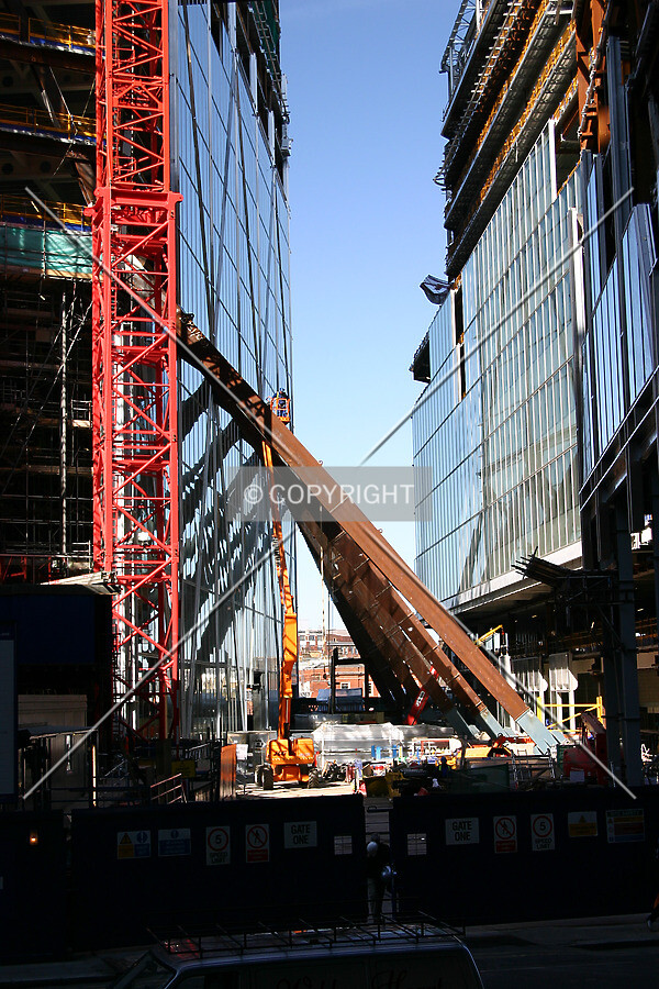 View of the A-frame and façade progress on the east side from Primrose Street