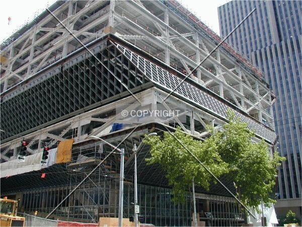 Northwest corner view with California Bank on right