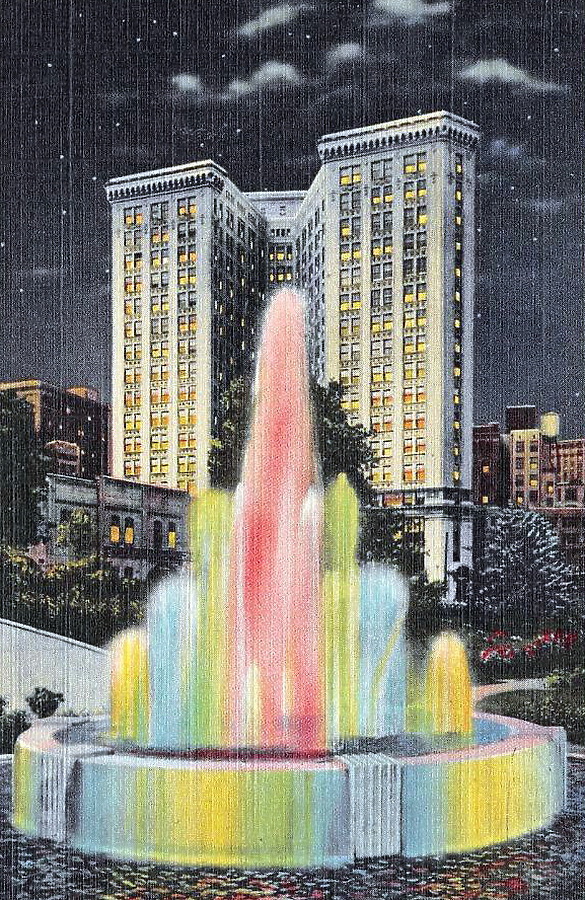 View from the east of the Joel Hurt Memorial Fountain with the Hurt Building in the background
