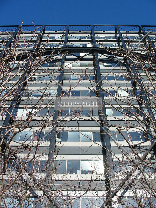 Looking up from beneath the Exchange Square facade