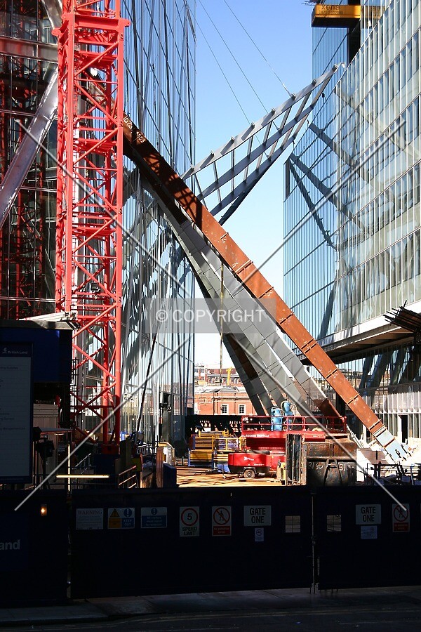 Elevated view north from Primrose Street of the base, A-frame, and emerging canopy adornments
