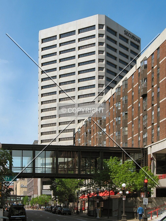 View to the west along East 6th Street, past Mears Park Center