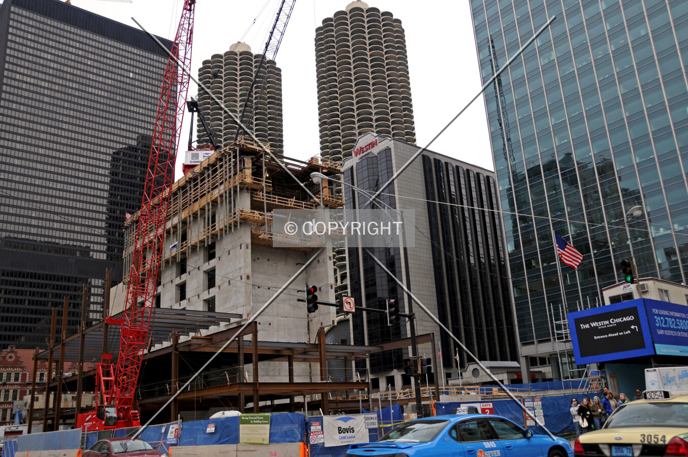 Northwest corner viewed from across the intersection of Clark and Kinzie streets