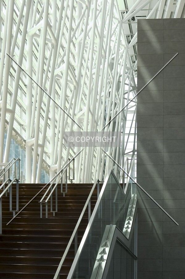 Main stairway inside with structural detail of southern wall in the background