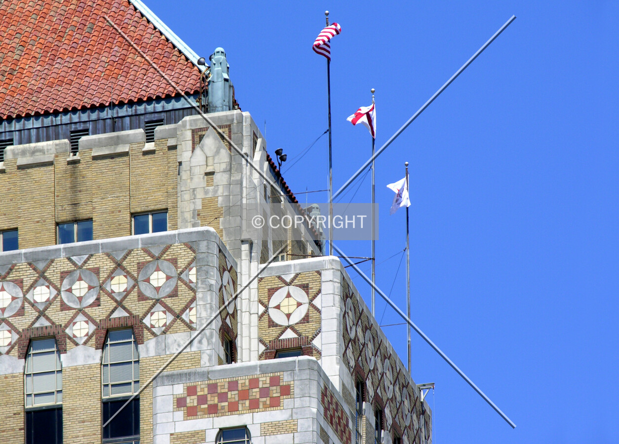 Flags and art deco details on the southeast corner