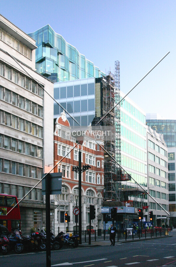 View south along Farringdon Street showing the newly added, undulating front top façade