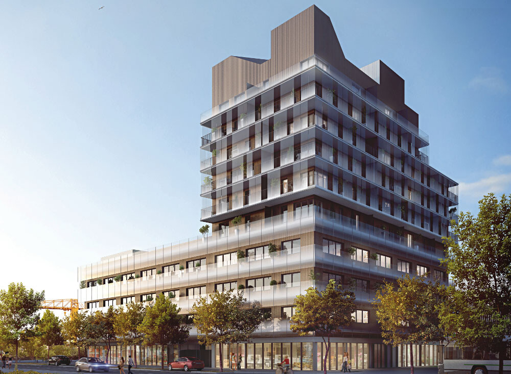 Rendering view from Boulevard de la Prairie au Duc.