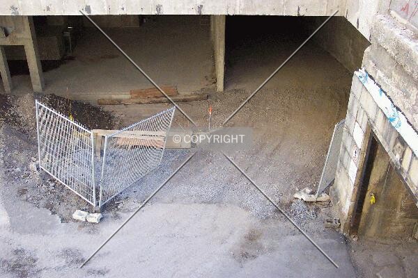 Looking down on the basement and parking garage