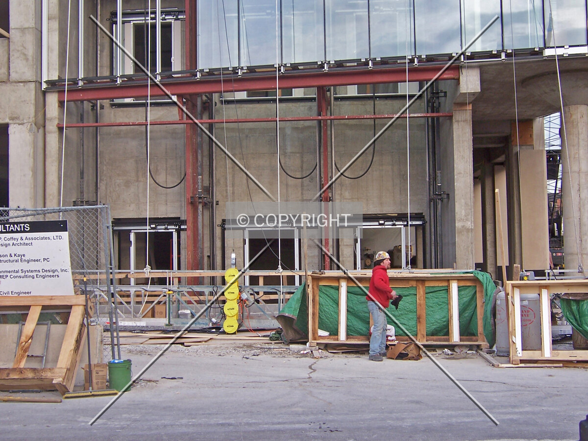 Base of the parking garage elevators along Benson Street