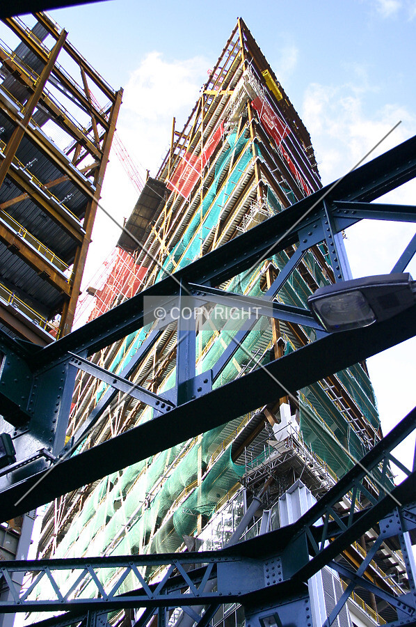Looking up through the box girder rail bridge on Worship Street
