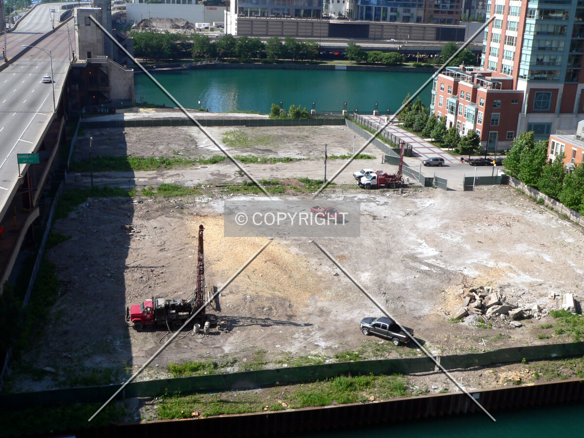 Core drilling trucks as seen from the North Pier Tower parking structure