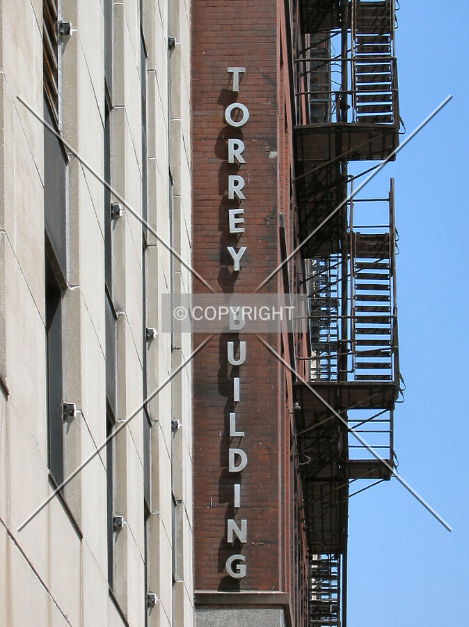 Building sign and fire escapes from Michigan Street