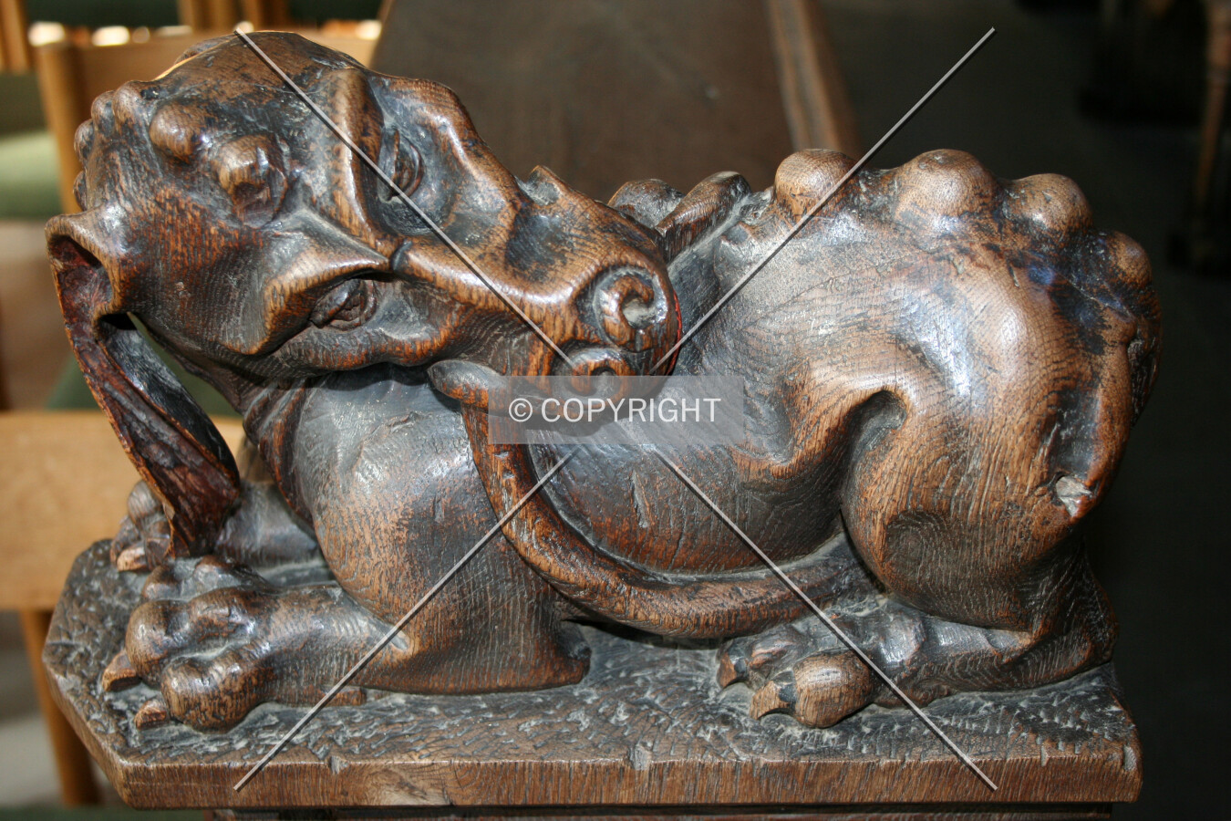 Wooden beast on one of the pews biting its tail