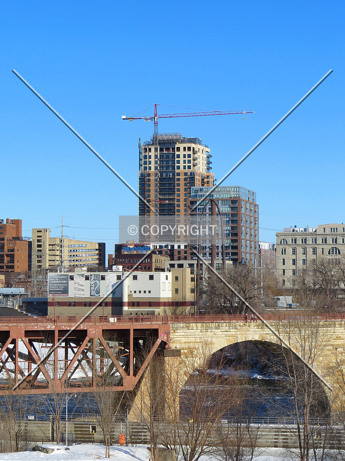 View to the north from the Guthrie Theater across the Mississippi River and Stone Arch Bridge