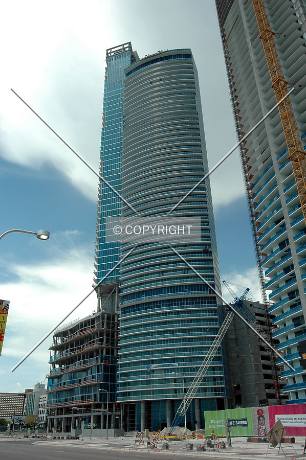 The almost completed Marina Blue skyscraper in downtown Miami looking west from Biscayne Blvd