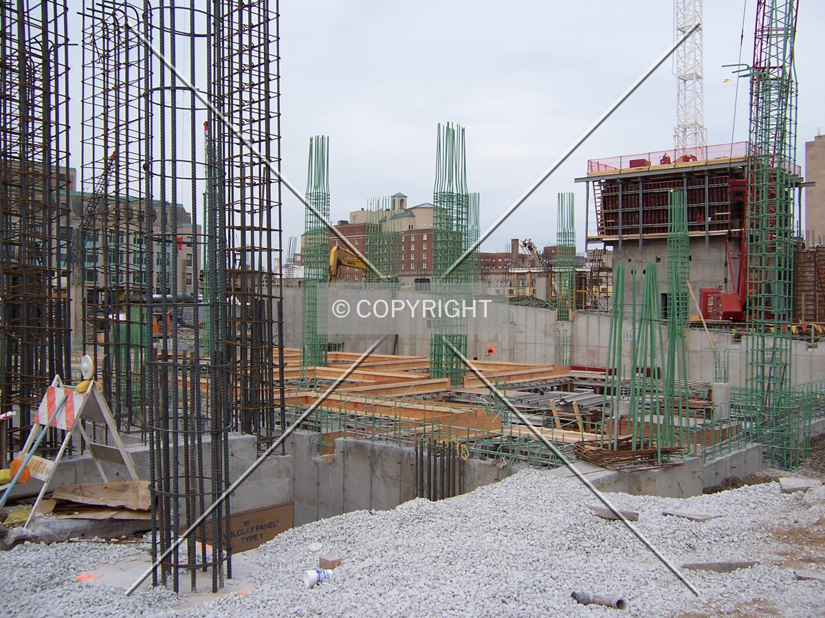 Vertical cages of rebar for the columns in the southwest corner of the complex