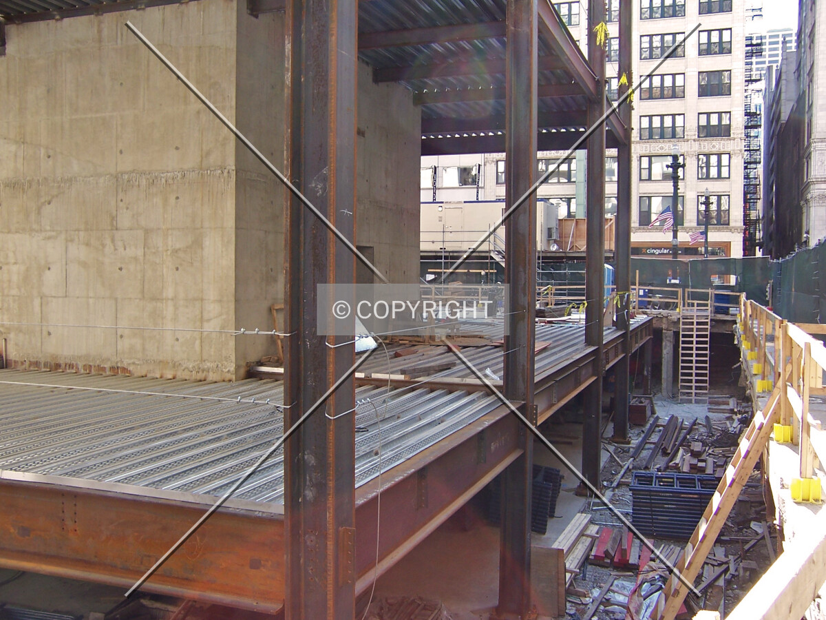 Northeast corner of the ground floor; steel decking is in place and will form the bottom of the yet to be poured concrete floor slab