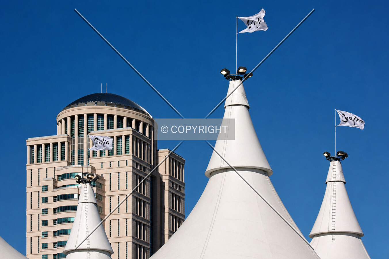 Distant view of the upper floors behind the top of the Cavalia tent, Saturday, February 11, 2012