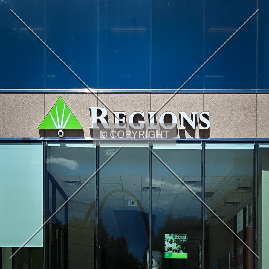 Regions signage on the east facade, Saturday, May 17, 2025