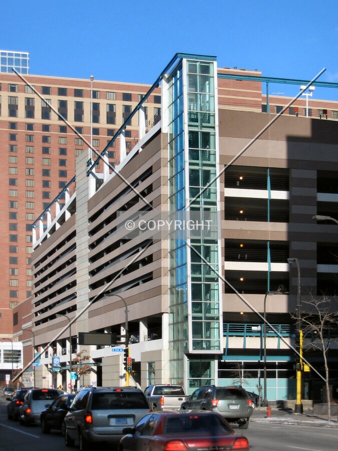 View to the northwest along 11th Street South, Minneapolis Hilton & Towers in background