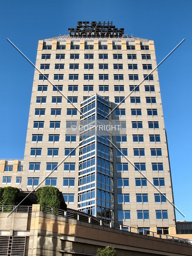 Looking up the west side from West 6th Street, with short-lived St. Paul Travelers signage