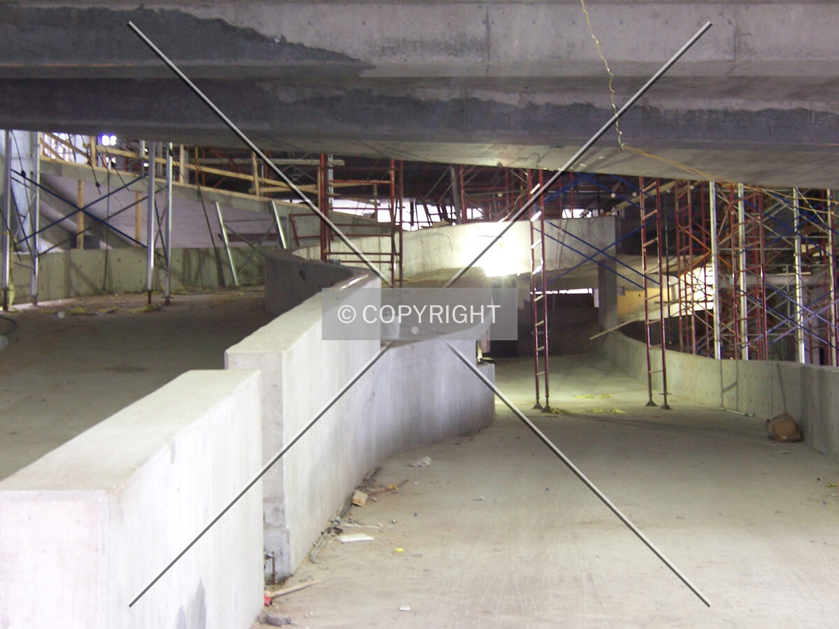 Looking up the parking garage ramps from Grand Avenue