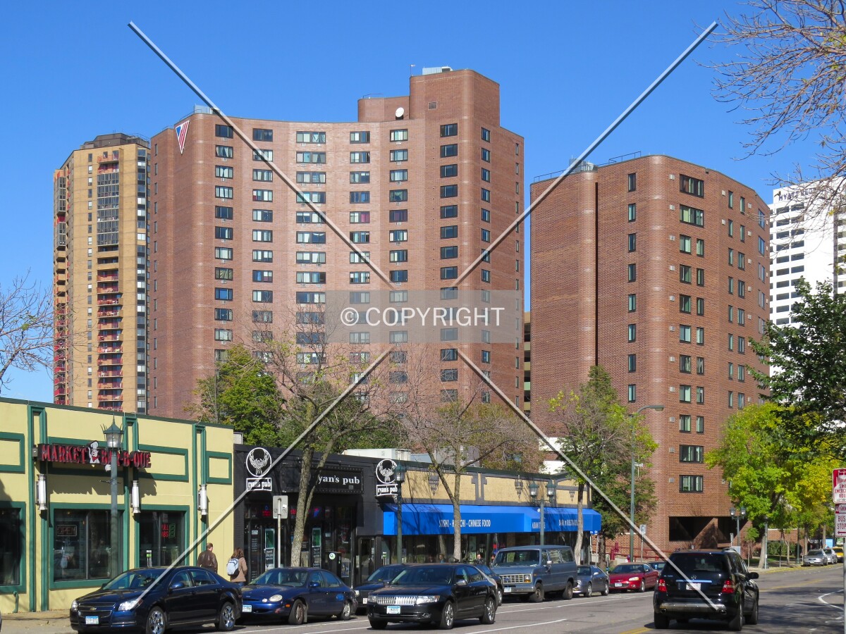 View to the northwest across Nicollet Avenue, with the East Tower on the right