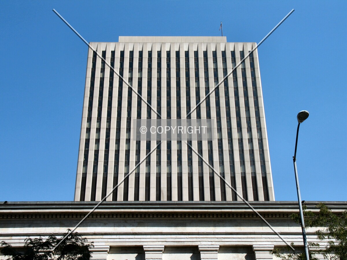 Looking up from West 3rd Street, rising over the Old Montgomery County Courthouse