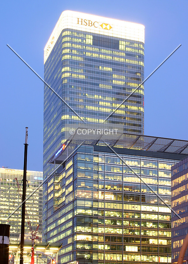 View southeast from West India Quay at dusk