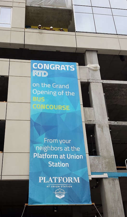 Banner congratulating the opening of Union Station Transit Center