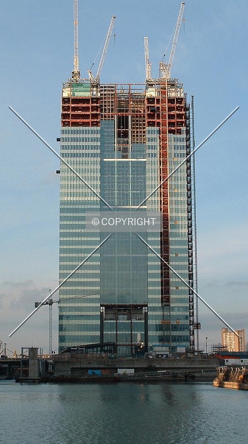 View from South Quay looking at the south facade, which will be the front of the tower