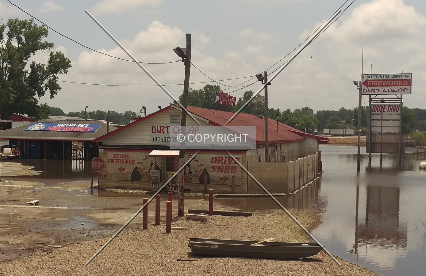 View from the northwest during the flood of 2019; July 6, 2019