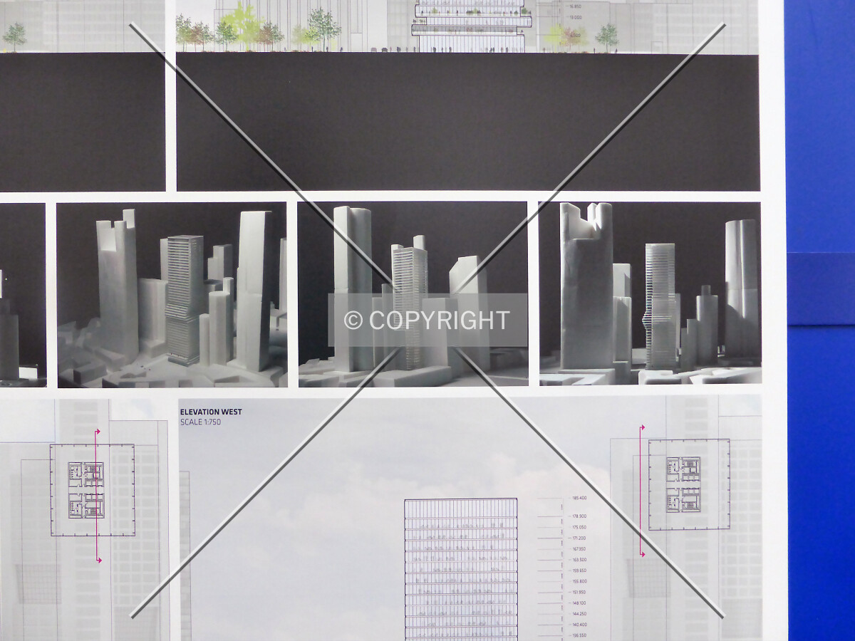 The proposed tower in the Frankfurt CBD skyline; as seen in an exhibition of the planning department