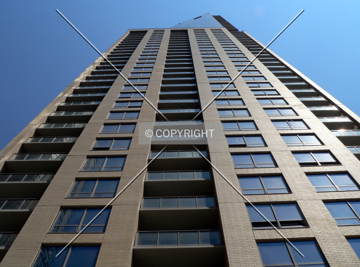 View up the brick clad southern face