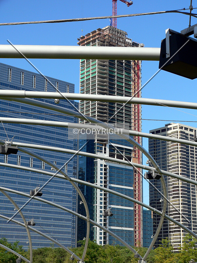 View to the northeast with the trellis of the Pritzker Pavilion visible