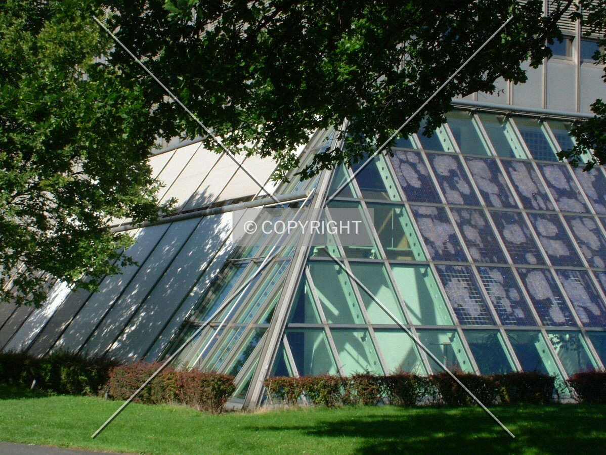 The glass base on the south and west sides