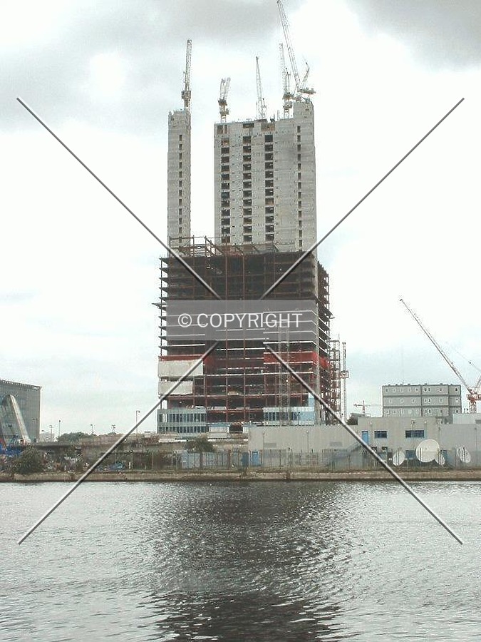 An Overcast view of Barclays new HQ from across the dock at south quay