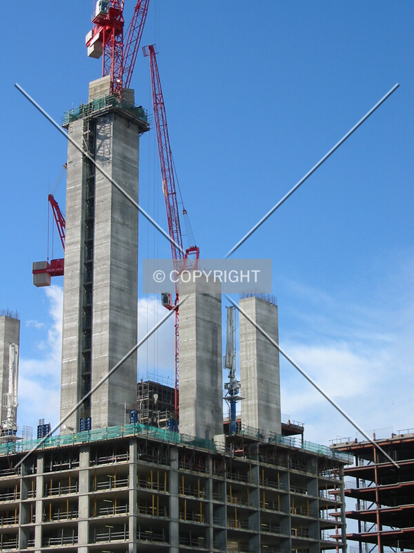 View of the concrete cores from behind 10 Upper Bank Street