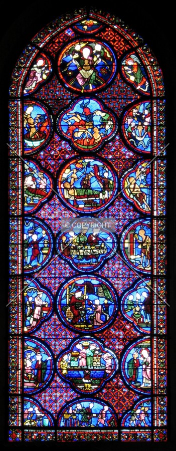 Stained glass window of the 'Rich Fool', inspired by two parables of Saint Luke