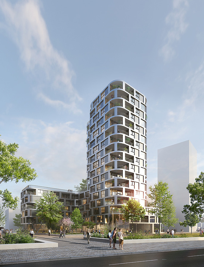 First rendering view , from the southeast along Boulevard Saint-Conwoïon.
