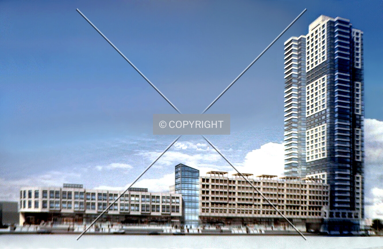 Rendering on construction sign showing the view from the southwest along Columbus Drive