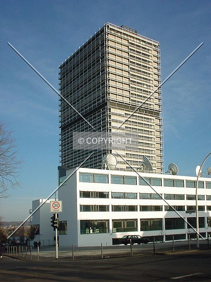 As seen from a nearby street; Deutsche Welle low-rise building in the front