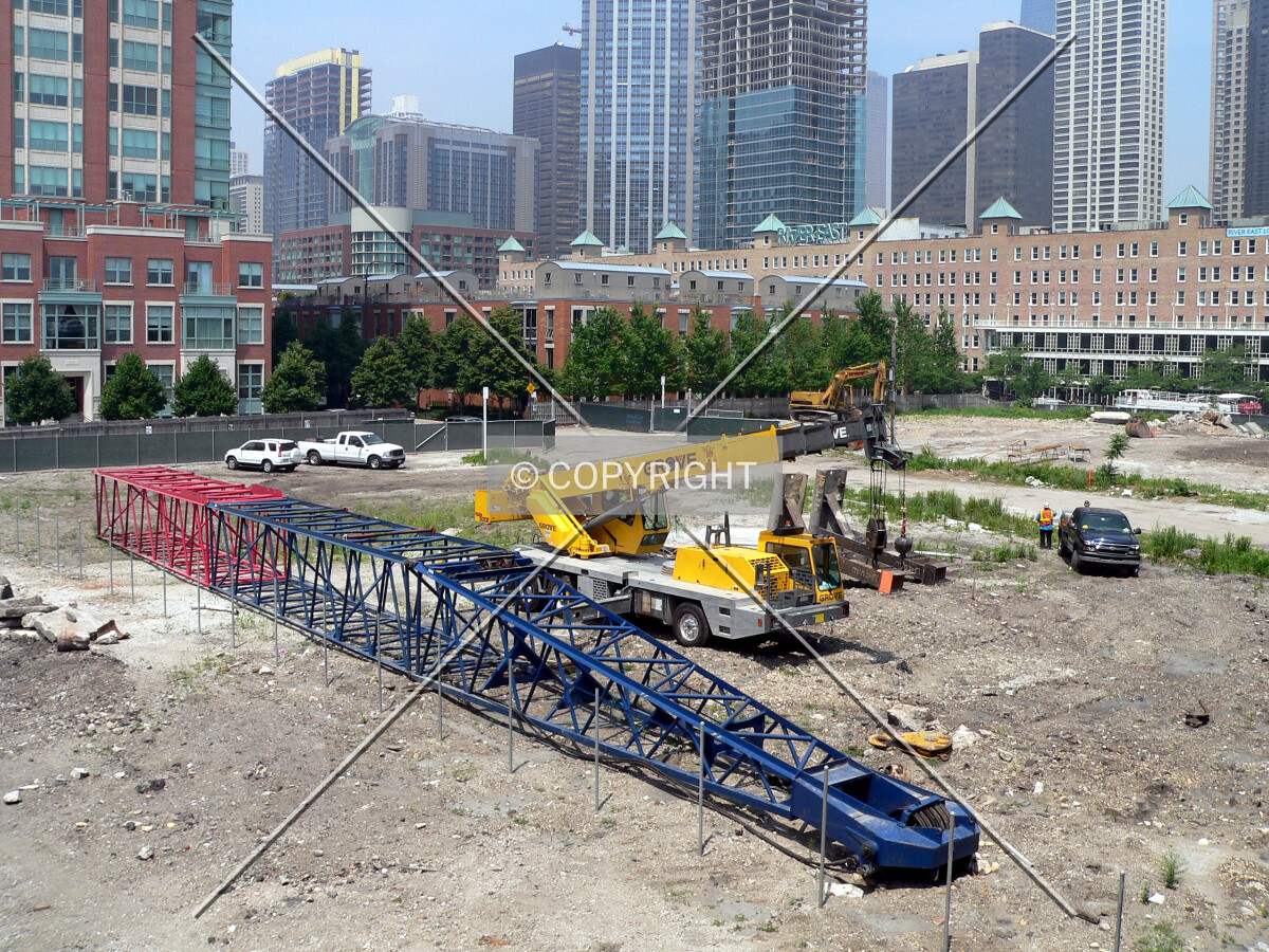 View to the northwest with a crane boom on the ground